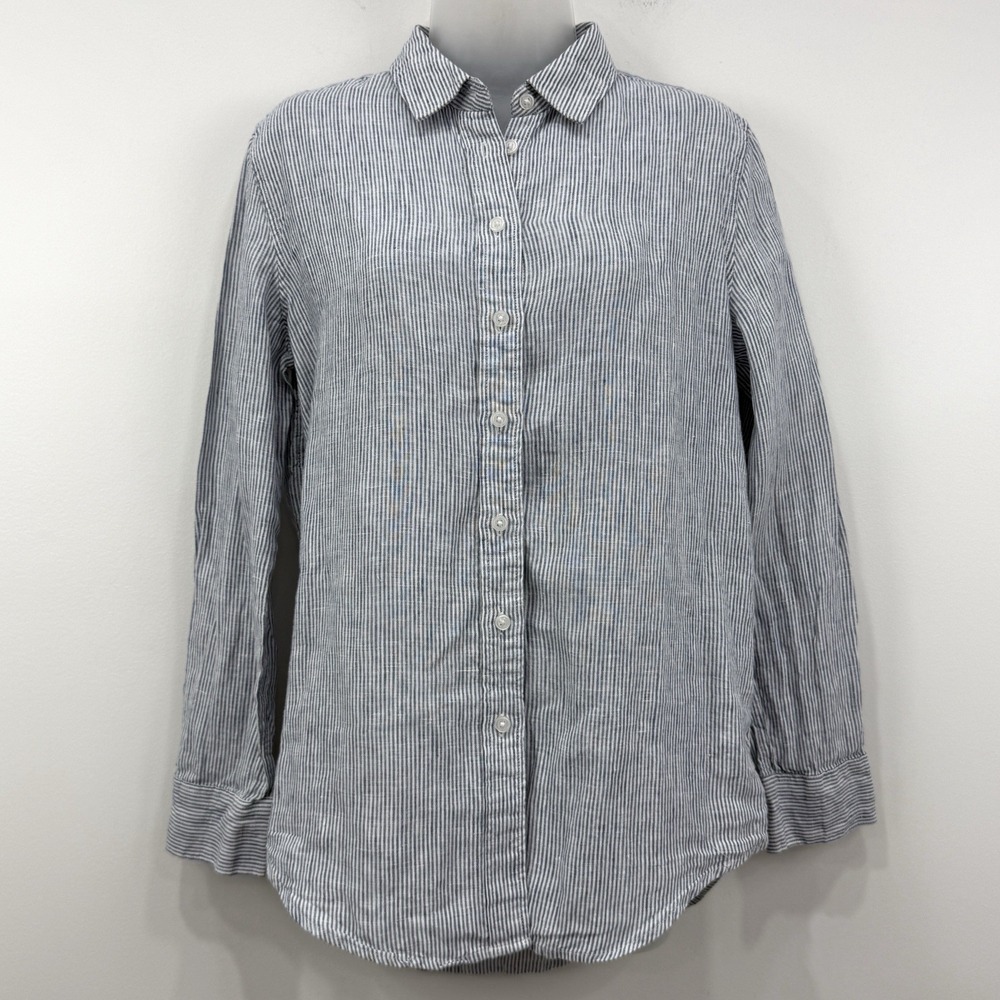 Quince 100% European Linen Long Sleeve Shirt S Blue Pinstripe Coastal Nautical